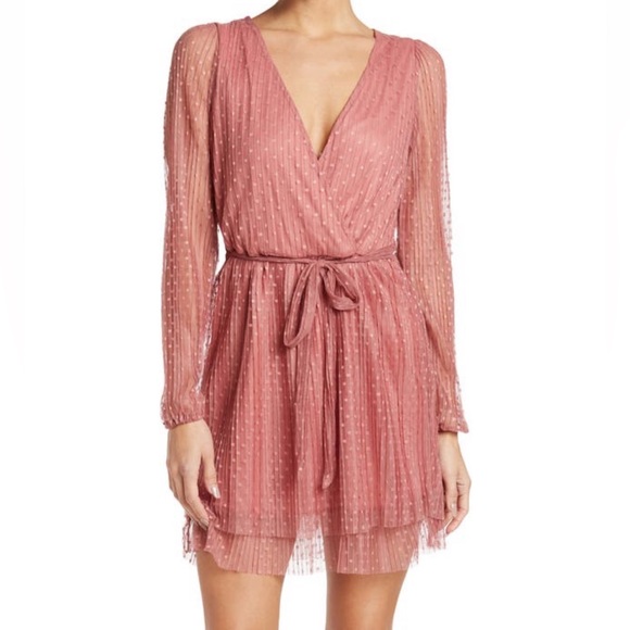 KENEDIK NWT WOMEN’S PLEATED DOT MESH LONG SLEEVE DRESS PINK MAUVE MEDIUM - Picture 1 of 11